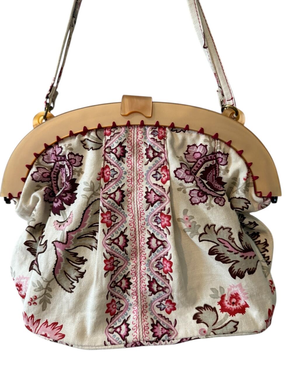 J Jill Linen Floral Print Cloth Bag Lucite Acrylic Handle